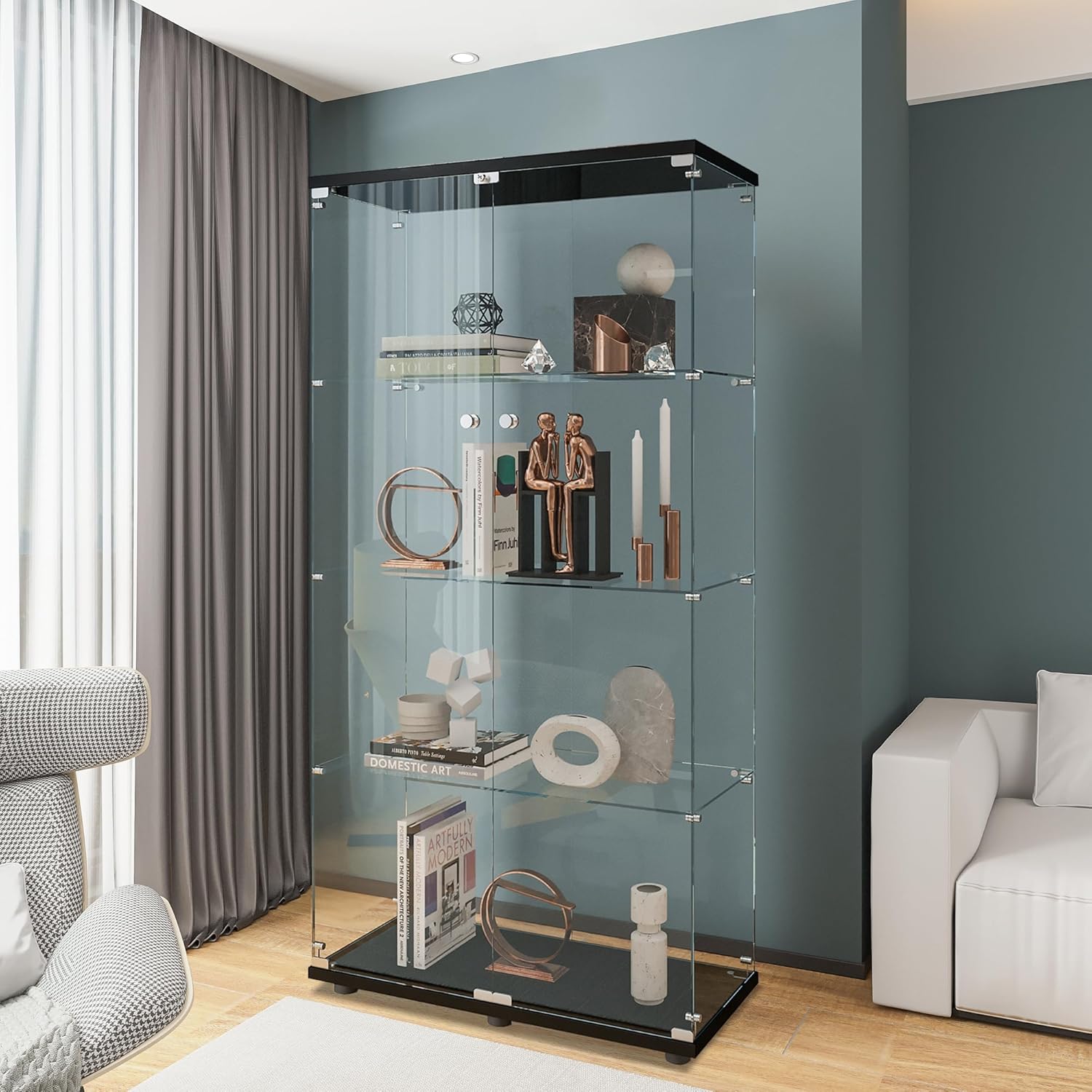 Home Office Living Room - Glass Display Cabinet with 4 Shelves,