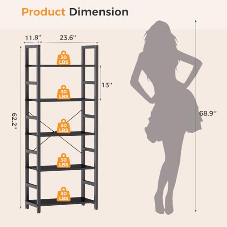 5-Tier Bookshelf, Modern Tall  - Home Office Living Room recension och pris